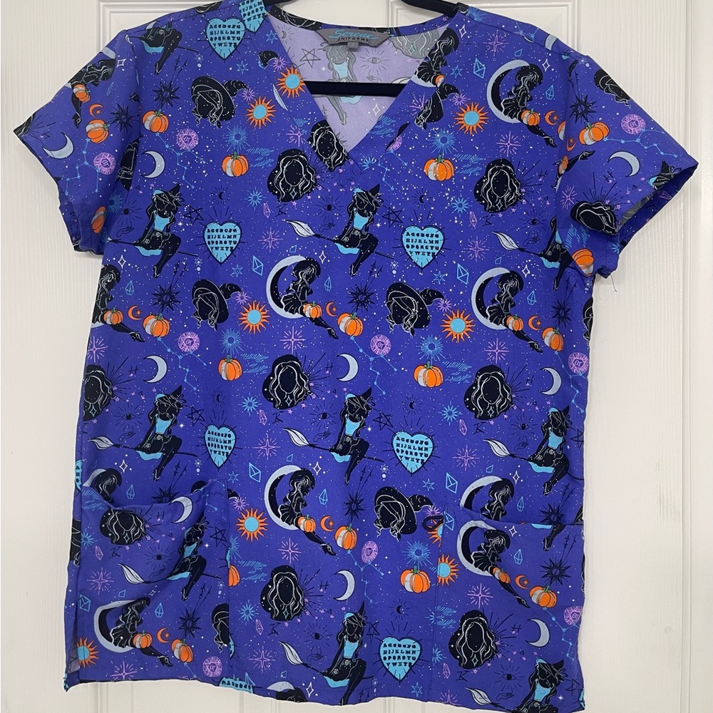 Serene Uniforms Purple Bling Bewitched-Theme Scrub Top - Size S - fits like M